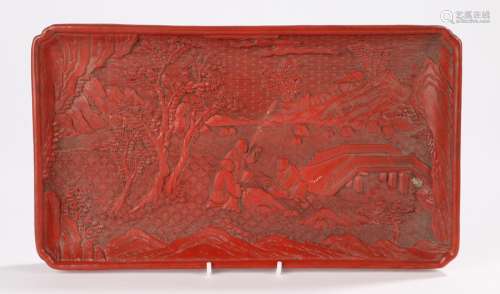 Chinese Qing dynasty cinnabar lacquer tray, the tray with canted corners and decorated with