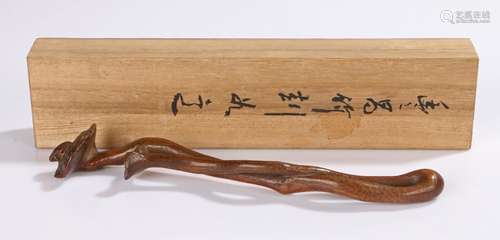 Japanese Meiji period pipe case, carved as long toadstools with a toad to the top of one, with