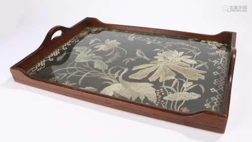 19th century mahogany and ebony strung tray, the border with pierced carrying handles, the central
