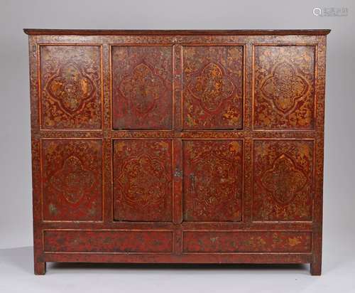 Late 19th Century Tibetan painted pine food chest, the rectangular top above the floral panel