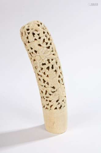 19th Century Burmese dha handle, carved with pierced decoration of figures and scrolling flowers,