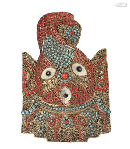 Possibly Tibethan brass Ganesha plaque, the convex plaque inlaid with turquoise and coral and with