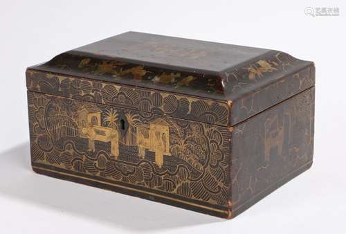 19th Century Chinese black lacquer and gilt heightened box, decorated with figures at a table