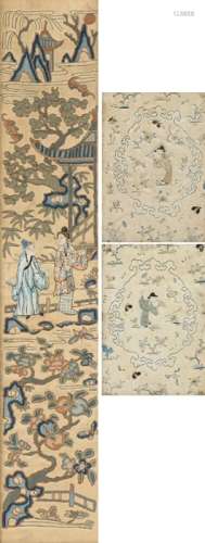 Chinese silks, to include a pair with a central Oriental figure among flowers, 13,5cm x 19cm