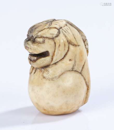 Japanese Edo period stag horn netsuke, as a dog of foo on a ball, 4.5cm high