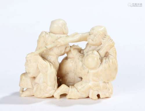 Japanese Meiji period ivory okimono carved as five figures brawling, signature to the base, 6cm