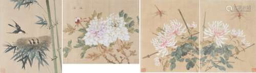 Chinese school, four watercolours on silk, three of flowers, one of birds nesting (4)