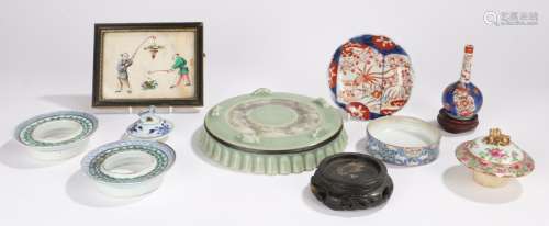 Victorian Chinese Celadon green stand, three lids a famille rose example, a famille vert example and