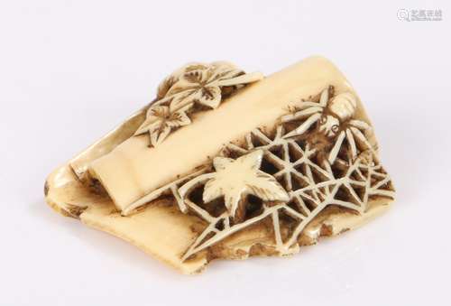 Japanese Edo period netsuke, the netsuke carved as roof tiles, leaves and spider with webs, 4cms