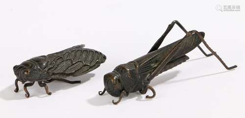 Two Japanese insect models, a locust with arched rear legs, 7.5cm long and a fly, 5cm long, (2)