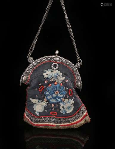 19th Century Chinese purse decorated with flowers, fruit and beads with possibly French mount and