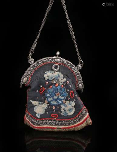 19th Century Chinese purse decorated with flowers, fruit and beads with possibly French mount and