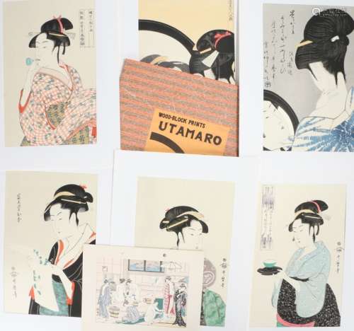 After Utamaro (1753-1806) a folio of six wood block facsimiles prints and another print.