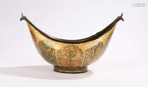 Early 20th century Persian brass kashkul bowl, with lacquer decoration of panels of foliage, open