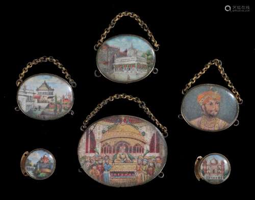 Six 19th Century Indian miniatures to include an oval of a Durbar highlighted in gilt, a head and