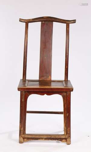 19th Century Chinese chair, the undulating top rail above a curved slat back and a solid seat on