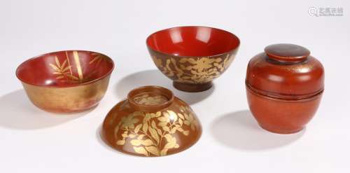 Meiji period lacquer bowls, a bowl and lid of pale brown lacquer decorated with gilt foliage, a