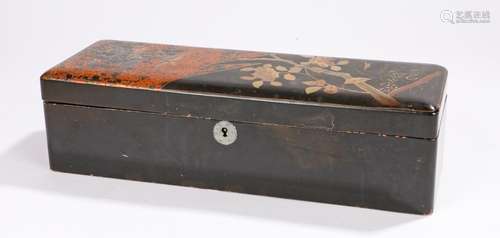 Japanese lacquered box, decorated with a tree, flowers and birds flying towards a mountain, 33cm