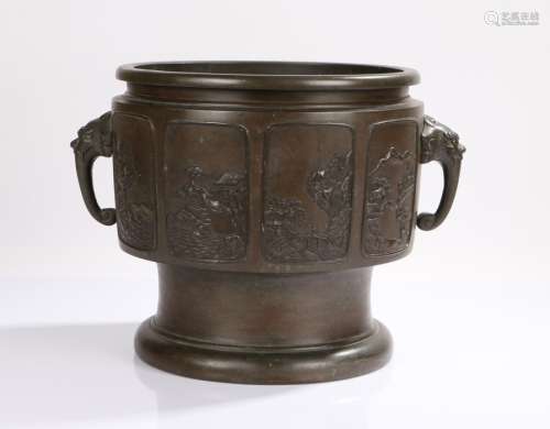 19th Century Chinese bronze censer, with elephant mask handles and eight panels around the side