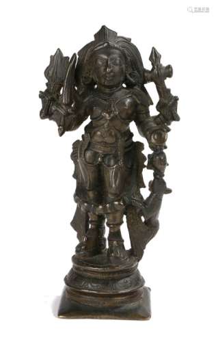 19th Century Indian bronze figure of Shiva, with four arms, standing on a plinth base, 11.5cm
