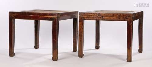 Pair of Chinese low tables, the square tops with inset woven top above the rubbed lacquer legs, 59cm