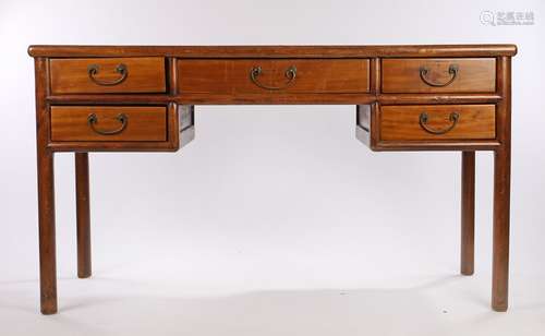 19th Century Chinese padouk desk, the rectangular top above five drawers to the base on rounded