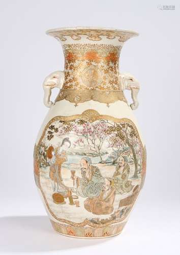 Japanese Satsuma ware porcelain vase, with elephant mask handles decorated with scrolls and