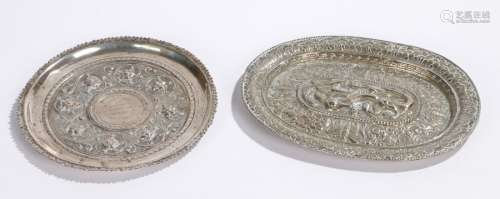 Two white metal dishes, the first with flowers surrounding a presentation inscription, 14.5cm