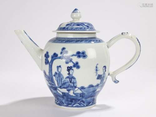 19th Century Chinese teapot, the finial topped lid above a bulbous body decorated with blue and