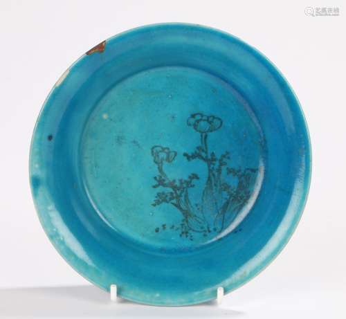 Republican Chinese turquoise porcelain dish,the interior decorated with flowers and leaves. the base