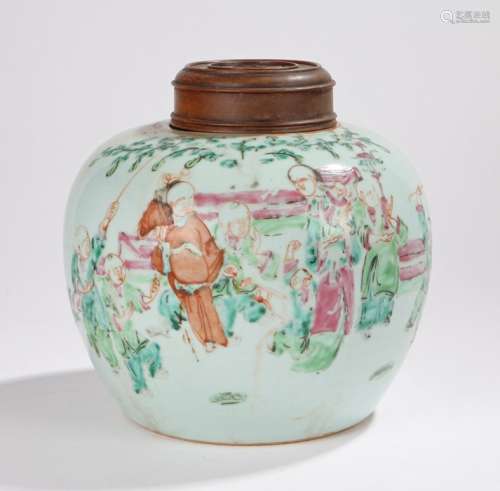 19th Century Chinese porcelain storage jar and cover, the associated turned and carved cover above