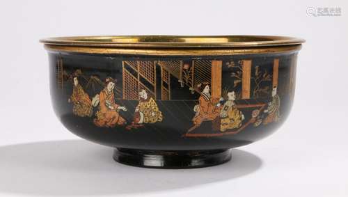 Japanese Meiji period lacquer bowl with inset brass bowl, the exterior decorated with figures,