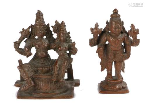 Two 19th Century copper figures of Vishnu, one of a standing figure the other a seated figure with