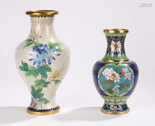 Two Chinese Peoples Republic cloisonne vases, a cream ground example with flowers, leaves and bird