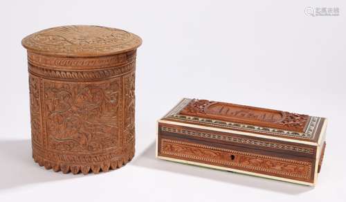 Carved Indian rectangular box, the lid carved with an image of the Taj Mahal, with ivory and