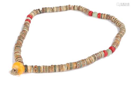 Late 19th Century Buddhist prayer beads of inlaid coral and wire bone beads and divided by coral,