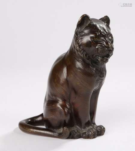 Meiji period Japanese cast figure of a seated tiger, tigers are the symbol for power, with impressed