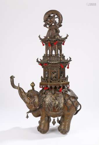 Republic cast bronze censer in the form of an elephant with head and trunk raised, the elephant