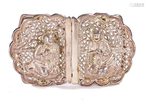 Early 20th Century Chinese silver buckle, the buckle with two raised seated figures on a pierced