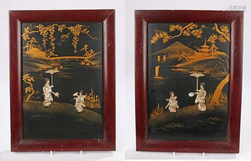 Chinese ebonised and gilt panels, with mother of pearl and ivory depictions of figures in