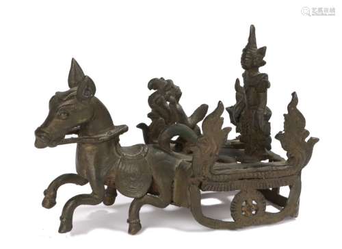 Early 20th Century Indian brass chariot, the chariot drawn by a horse driven by Surya, length 17cm