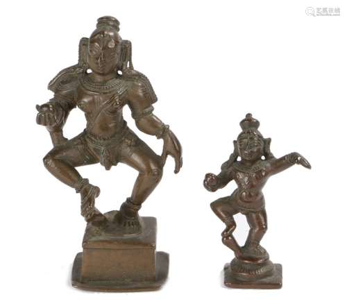 Two 19th Century bronze figures of Krishna both figures dancing, tallest 8cm