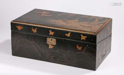 Japanese Meiji period lacquered writing slope, the lid decorated with storks in and flying to a pond