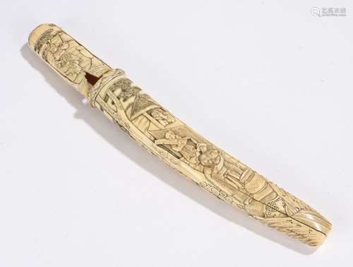 Japanese Meiji period Tanto scabbard, the ivory scabbard carved with figures performing various