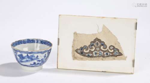 19th Century Chinese finely stitched silk fragment, 100mm x 50mm and a tea bowl decorated with
