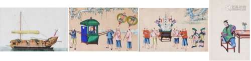 Four Chinese Qing dynasty pith paper paintings, depicting a lady seated at a table reading a book, a