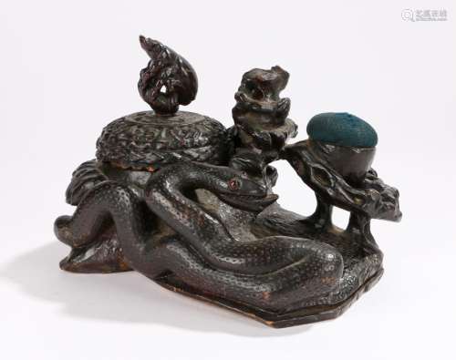 Unusual 19th Century Indian carved work stand, carved with a frog to the lidded compartment, a