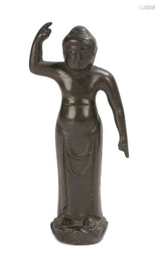 Japanese Edo period bronze figure of Buddha, the standing Buddha with his right hand and index