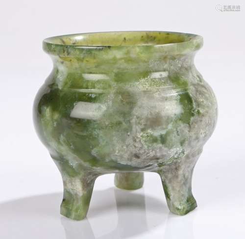 Chinese jade censer, green and grey with an arched lip and round body raised on arched legs, 6.5cm