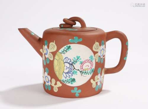 Chinese Yixing teapot and cover the teapot decorated with flowers and the base with four character